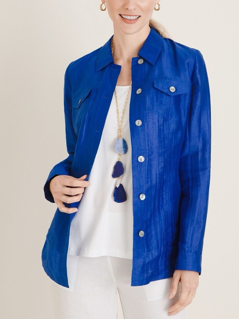 Chico's Crinkle Linen Shacket Shirt Jacket Ocean Grove Blue Cobalt 3 16/18
